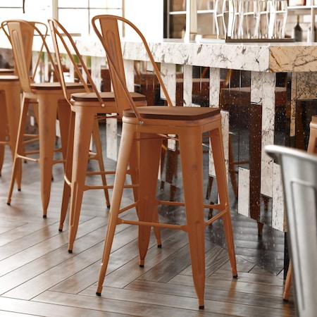 Flash Furniture Orange Metal Stool with Teak Poly Seat ET-3534-30-OR-PL1T-GG